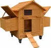 A wooden chicken coop with multiple nesting boxes and a ramp, shown on wheels. Podgląd zdjęcia produktu