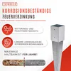 Marketing image for a galvanized steel post anchor, highlighting its corrosion resistance and durability with text and icons. Produktbild-Vorschau