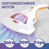 A close-up marketing image of a mattress vacuum cleaner with glowing internal components and colored light effects emanating from the base, placed on a quilted surface. Produktbild-Vorschau