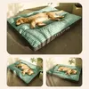 A golden retriever dog sleeping on a green dog bed. The image is a collage of three different shots of the dog and bed. Produktbild-Vorschau