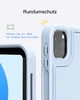 Close-up of a light blue iPad case, showing the camera cutout and side buttons, with marketing text overlay. Produktbild-Vorschau