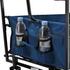 Close-up view of two water bottles in mesh holders on the side of a blue fabric wagon. Produktbild-Vorschau