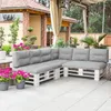 An outdoor patio with a sectional sofa made of white wooden pallets and gray cushions. Náhled obrázku produktu