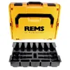 A yellow tool case with a black handle and the brand name "REMS" printed on it, shown above a black plastic insert tray with compartments for tools. Voir les images du produit