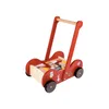 A red wooden walker with blocks inside, shown from a slight angle on a white background. Produktbild-Vorschau