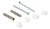 A collection of bathroom hardware, including screws, wall plugs, and decorative caps, laid out on a white background. Produktbild-Vorschau