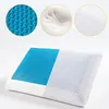 A pillow with a blue gel top and a white textured side, shown in a studio setting with close-up insets of the materials. Produktbild-Vorschau