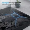 A close-up of a black shower tray with water on it, highlighting a blue illuminated drain. Náhled obrázku produktu