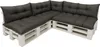 A sectional sofa made from white wooden pallets with dark grey cushions. Anteprima dell’immagine prodotto