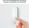 A hand is shown pressing a button on a white device plugged into a wall socket. Produktbild-Vorschau