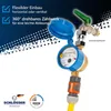 A water meter with a protective cap open, connected to a faucet and a hose, with marketing text and logos. Produktbild-Vorschau