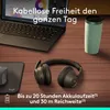 A desk setup with a laptop, headphones, a mouse, and a travel mug. Produktbild-Vorschau