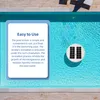 A floating solar pool ionizer in a swimming pool, with a text box explaining its features. Produktbild-Vorschau