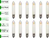 A collection of LED filament candle light bulbs with informational text labels on the left. Produktbild-Vorschau