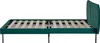 A side view of a dark green upholstered bed frame with wooden slats, shown against a white background. Produktbild-Vorschau
