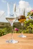 Two digestif glasses, one with clear liquid and the other with amber liquid, are placed on a wooden table outdoors with a natural background of greenery and flowers. Náhled obrázku produktu