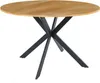 A round dining table with a wooden top and a black metal base. Produktbild-Vorschau