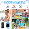 Collage of images showing a blue smartwatch for children and its features like video calls and network chat. Produktbild-Vorschau