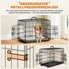 A dog crate with its doors open, a small dog inside, and close-up diagrams of its features. Produktbild-Vorschau