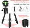 A laser level mounted on a tripod stand, with illustrative diagrams and text describing its features. Produktbild-Vorschau