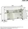 A technical drawing of a white sideboard with dimensions indicated by numbers and lines. Voir les images du produit