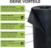 A roll of black material is shown next to a list of its benefits. Produktbild-Vorschau