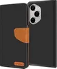 A black flip case for a smartphone is shown open, revealing the phone's camera module. Produktbild-Vorschau