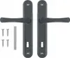 A pair of gray door handles with keyhole plates and screws on a white background. Produktbild-Vorschau
