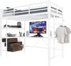A white loft bed with a desk and shelves, featuring a computer monitor and clothing on hangers. Anteprima dell’immagine prodotto