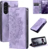 A collage of images showing a purple mandala-patterned phone case for a Samsung Galaxy A17/A17 5G, including its open and closed states, and a phone displaying a movie. Produktbild-Vorschau
