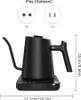 A black electric gooseneck kettle with temperature control is shown on its base, with dimensions indicated. Above the kettle, there are illustrations of EU and US plugs. Náhled obrázku produktu