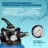 Close-up of a pool sand filter system with text describing its features and a pressure gauge. Produktbild-Vorschau