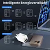 A white USB-C charger is shown on a tablet, with a smartphone on top of the tablet. A laptop is visible in the background. Diagrams illustrate charging capabilities. Produktbild-Vorschau