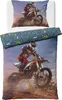 A motocross rider in action on a dirt bike, with a pillowcase and duvet cover featuring similar designs. Produktbild-Vorschau