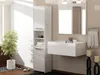A modern bathroom with a white vanity, sink, mirror, and a tall white cabinet. Produktbild-Vorschau