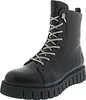A black lace-up boot with silver laces and a thick sole, shown from the front. Anteprima dell’immagine prodotto