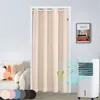 A beige door curtain hanging in a doorway, with a couch and a portable air cooler visible in the room. Produktbild-Vorschau