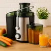A juicer with fruits and vegetables on a wooden countertop, with a potted plant in the background. Produktbild-Vorschau