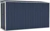A dark blue metal shed with silver trim, shown from the front. Náhled obrázku produktu