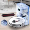 A robot vacuum cleaner and its accessories are shown on a wooden floor with text describing its dock cleaning feature. Produktbild-Vorschau