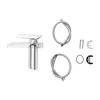 A modern waterfall faucet with clear acrylic and chrome accents, along with its installation accessories, displayed on a white background. Podgląd zdjęcia produktu