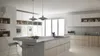 A modern, minimalist kitchen with an island featuring a fireplace. Produktbild-Vorschau