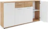 A modern sideboard with white doors and drawers, and a wood-effect top and side panels. One door is open, revealing shelves inside. Produktbild-Vorschau