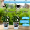 Two self-watering plant pots with plants are shown on a wooden surface, with graphics explaining their features. Produktbild-Vorschau