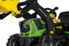 Close-up of a green and black toy tractor with a yellow front loader. Produktbild-Vorschau