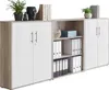 A modular office storage unit with cabinets and shelves, displaying binders and decorative items. Produktbild-Vorschau