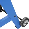 A close-up view of the blue metal frame and wheel of a saw stand. Produktbild-Vorschau