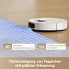 A white robot vacuum cleaner is shown on a wooden floor next to a carpet with a blue grid overlay, highlighting its features. Produktbild-Vorschau