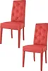 Two red dining chairs are shown against a white background.
