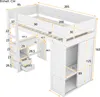 A diagram of a white bunk bed with a desk and wardrobe, showing various dimensions. Voir les images du produit